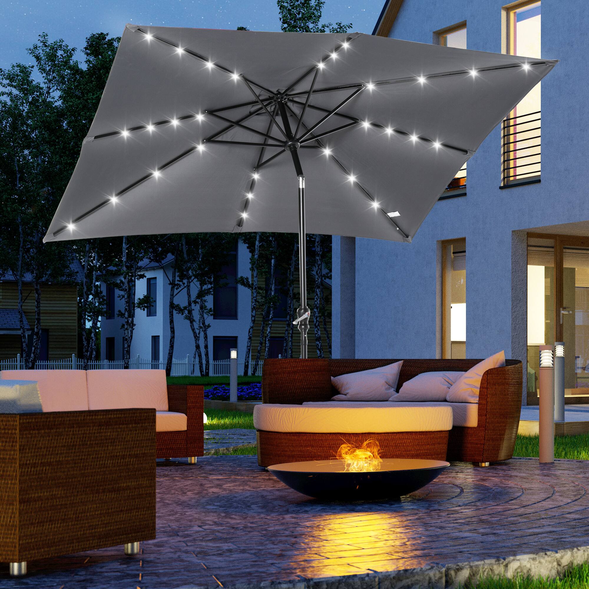 Angle. Outsunny - 9' x 7' Solar Umbrella, LED Lighted Patio Umbrella for Table or Base with Tilt & Crank, Outdoor Umbrella for Garden - Dark Gray.