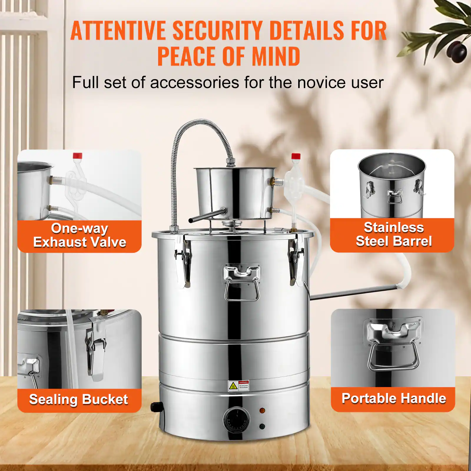 ATTENTIVE SECURITY DETAILS FOR PEACE OF MIND  
Full set of accessories for the novice user

- One-way Exhaust Valve
- Stainless Steel Barrel
- Sealing Bucket
- Portable Handle