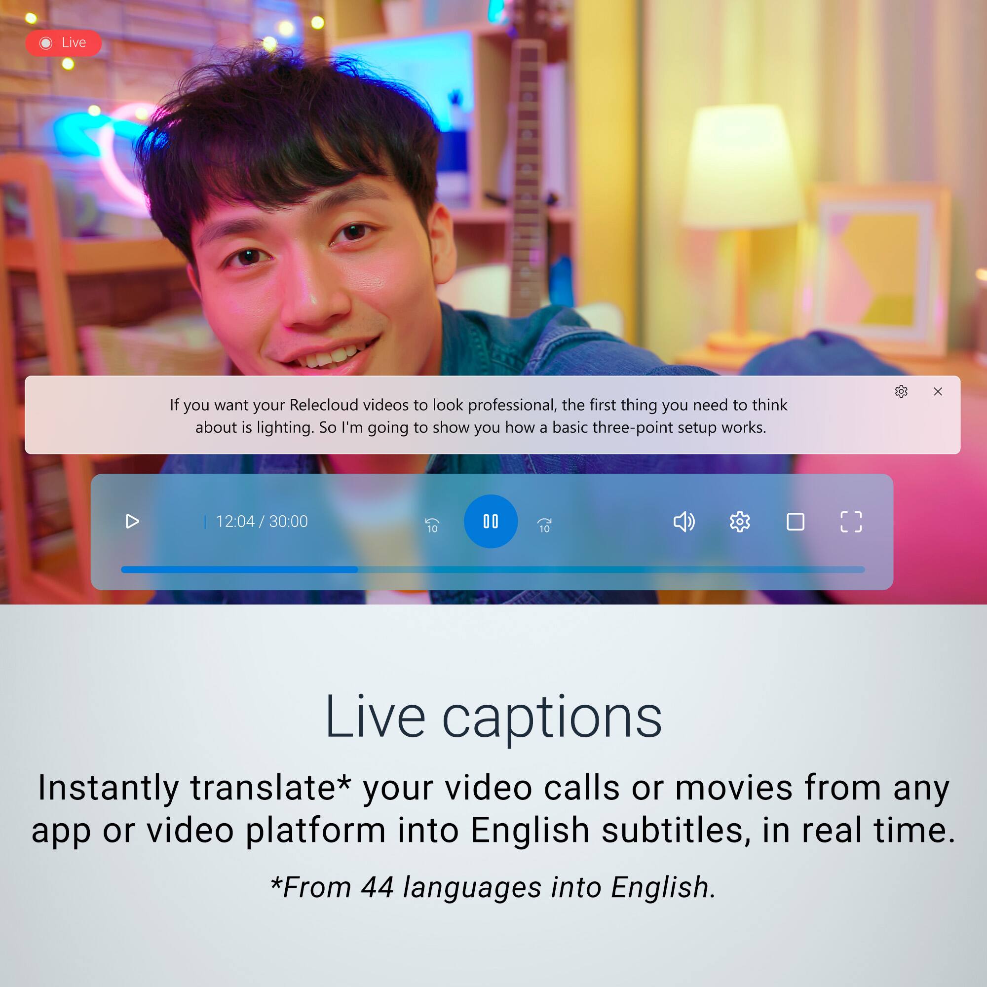 Live captions instantly translate your video calls or movies from any app or video platform into English subtitles, in real time. This feature is available for Relecloud users and can be accessed through the app. The first thing to consider when creating professional-looking videos is lighting. In this tutorial, we will show you how to set up a basic three-point lighting system to enhance your video quality.