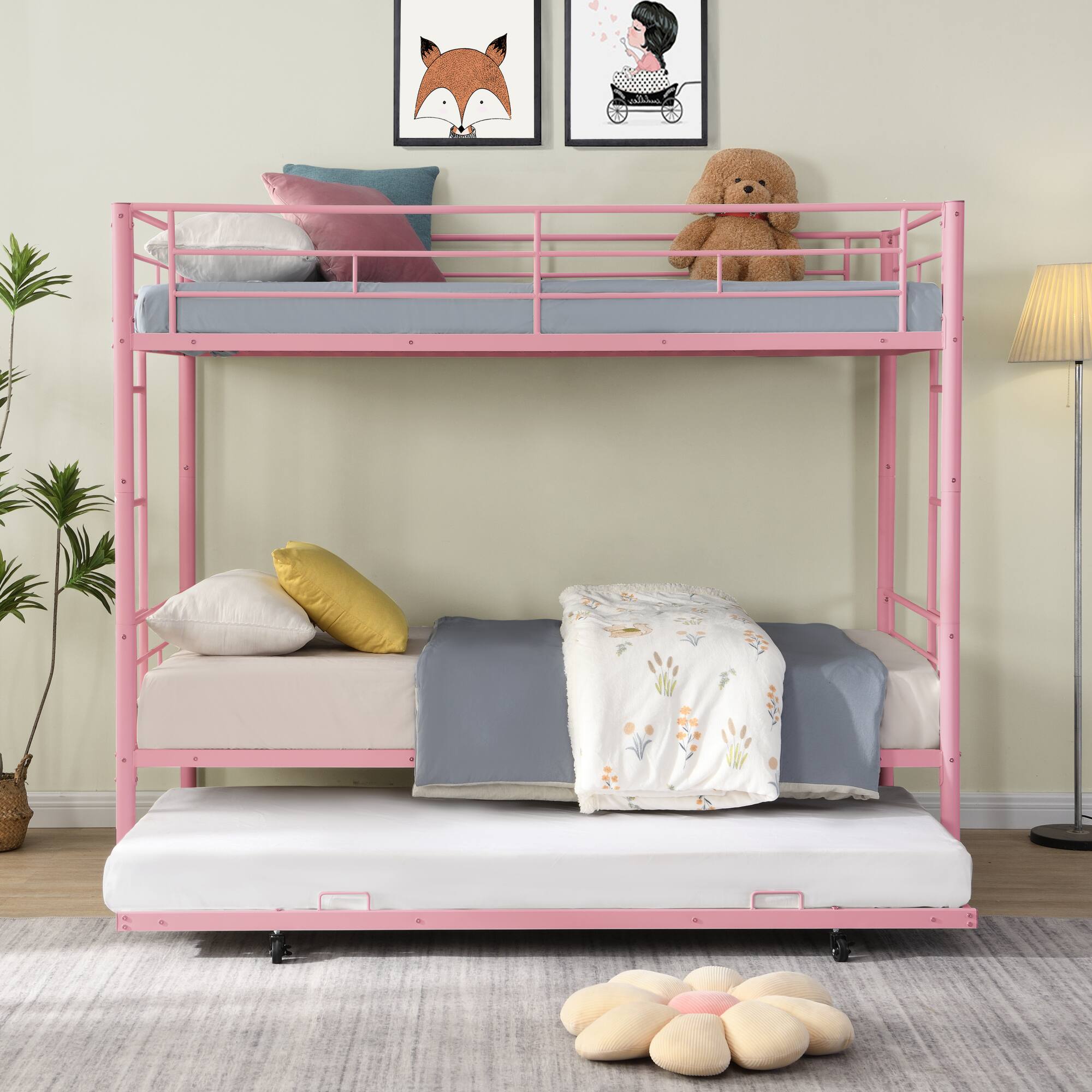 Angle. GOODSILO - Modern Metal Bunk Bed with Trundle - Space-Saving Sleeper Solution for Kids and Teens - Pink.