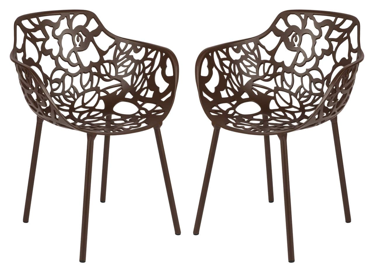 LeisureMod - Set of 2 Devon Aluminum Dining Chair with UV-Protected Aluminum Frame Floral Cutout Design for Indoor Outdoor - Brown