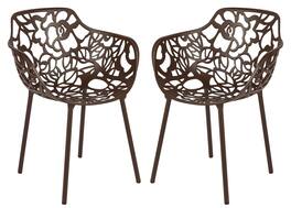 LeisureMod - Set of 2 Devon Aluminum Dining Chair with UV-Protected Aluminum Frame Floral Cutout Design for Indoor Outdoor - Brown
