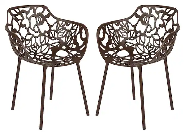Front. LeisureMod - Set of 2 Devon Aluminum Dining Chair with UV-Protected Aluminum Frame Floral Cutout Design for Indoor Outdoor - Brown.