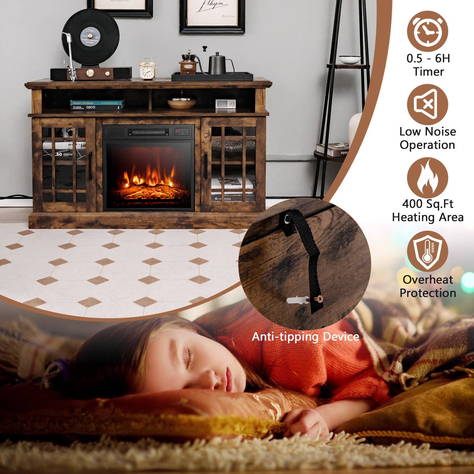 The text on the image reads: "0.5 0.5 - 6H timer - Mini x - 400 Sq.Ft. Heating Area - Low Noise Operation - Overheat Protection - Anti-tipping Device."