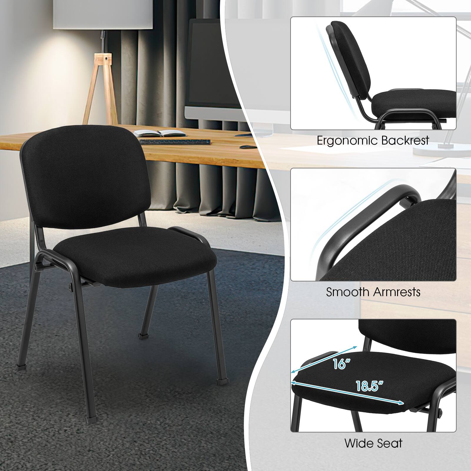 The text on the image reads: "Ergonomic Backrest Smooth Armrests 16" 18.5" Wide Seat."