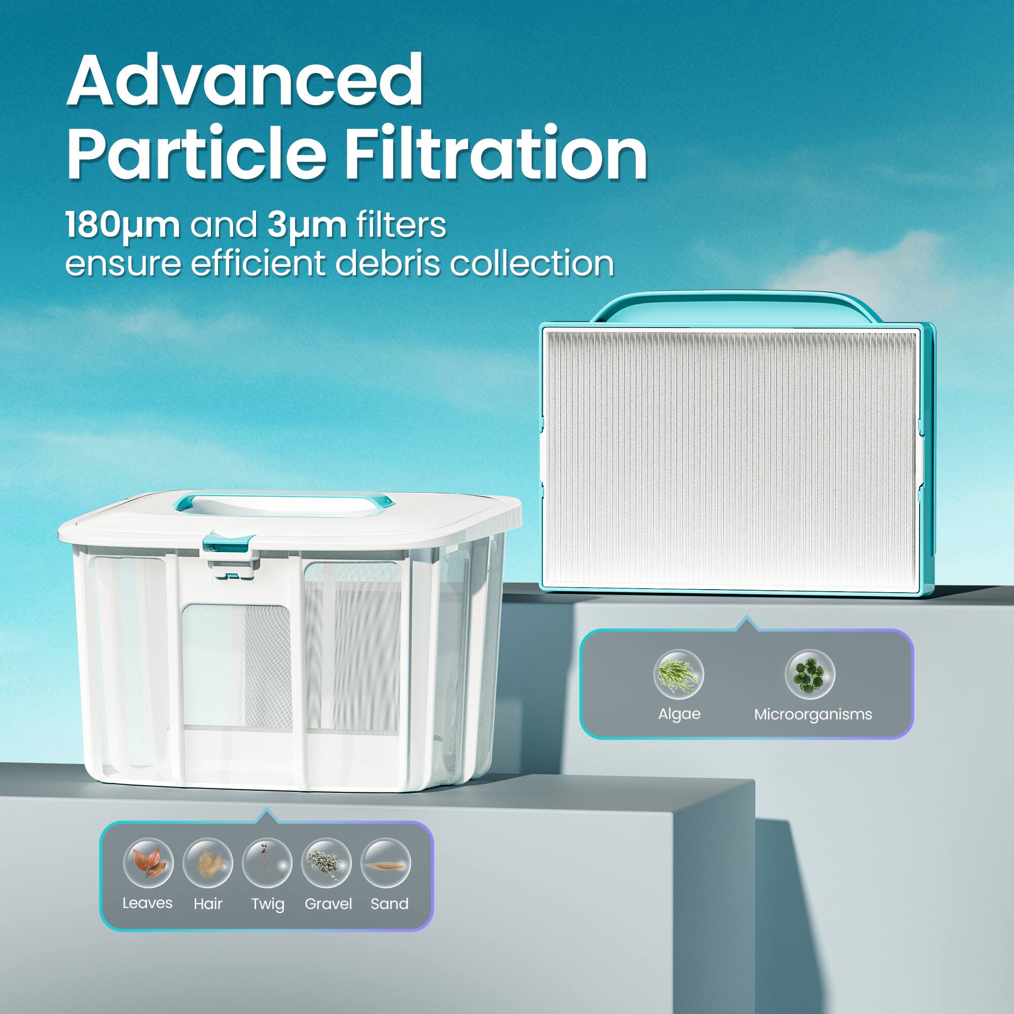 Advanced Particle Filtration  
180µm and 3µm filters ensure efficient debris collection  

Algae  
Microorganisms  
Leaves  
Hair  
Twig  
Gravel  
Sand