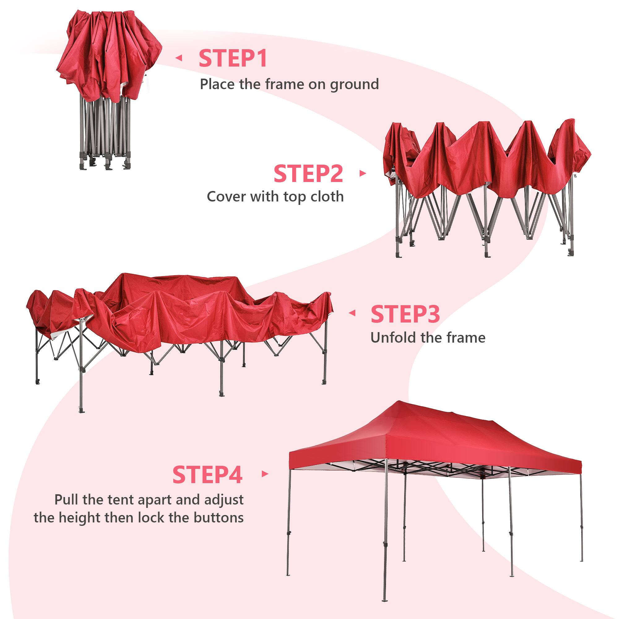 STEP1 Place the frame on ground
STEP2 Cover with top cloth
STEP3 Unfold the frame
STEP4 Pull the tent apart and adjust the height then lock the buttons