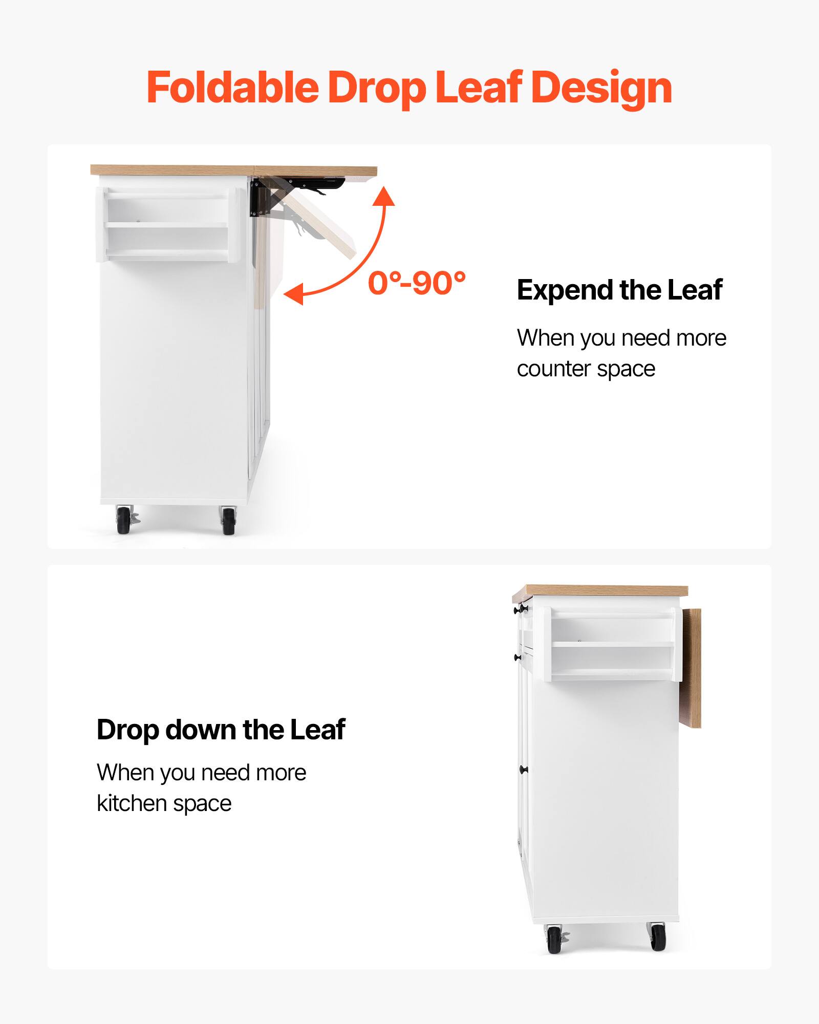 Foldable Drop Leaf Design

Expend the Leaf
When you need more counter space

Drop down the Leaf
When you need more kitchen space