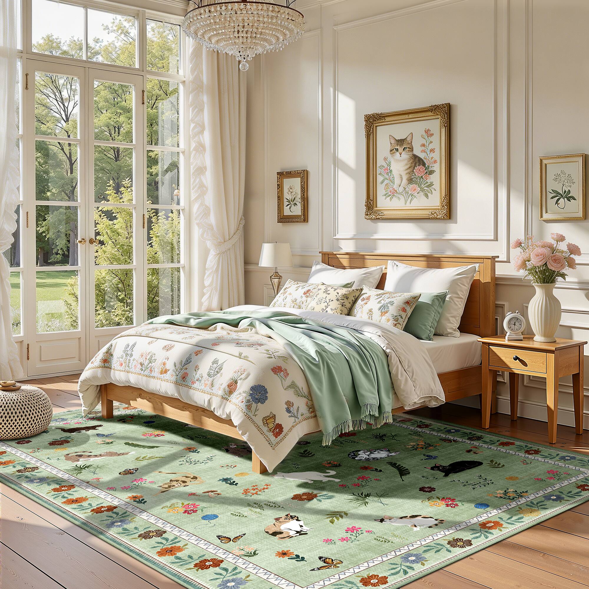 Alt View 2. KERDOM - Cat Illustration 6x9 ft Bedroom Rug, Large Kitten Floor Mat for Dinning Room, Low Pile Washable Area Carpet Animal Throw - Green.