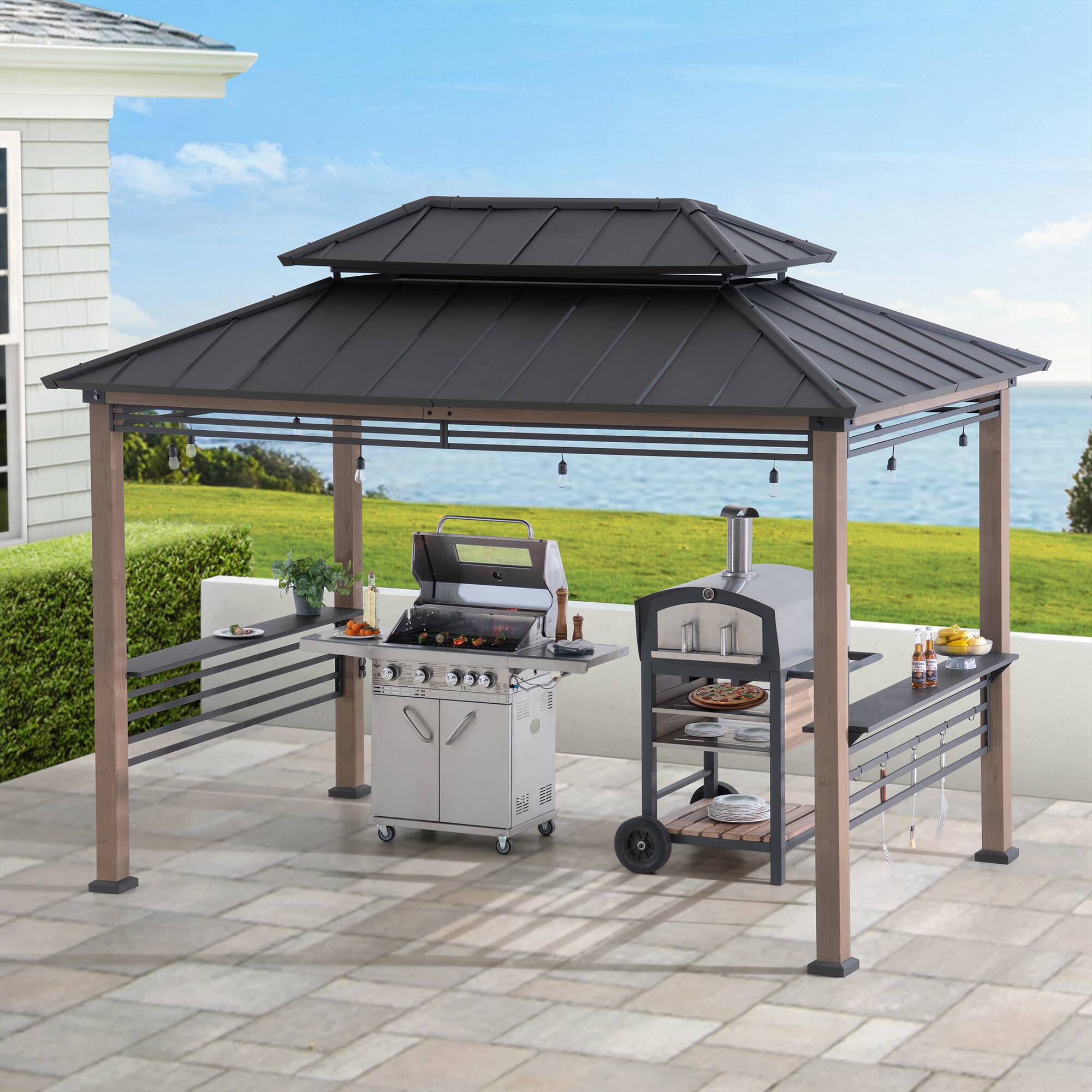 Angle. SUNJOY - Sunjoy 8ft. x 12 ft. Aspen Cedar Framed Grill Gazebo with exclusive AC Power Port Brown - Aspen Cedar+AC Power Port+Brown.