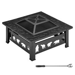 Winado - 32in Metal Fire Pit Stove, 3-in-1 Square Wood Burning Firepit Table with Cover for Outdoor Camping Garden Party Picnic - Black-Bear Pattern