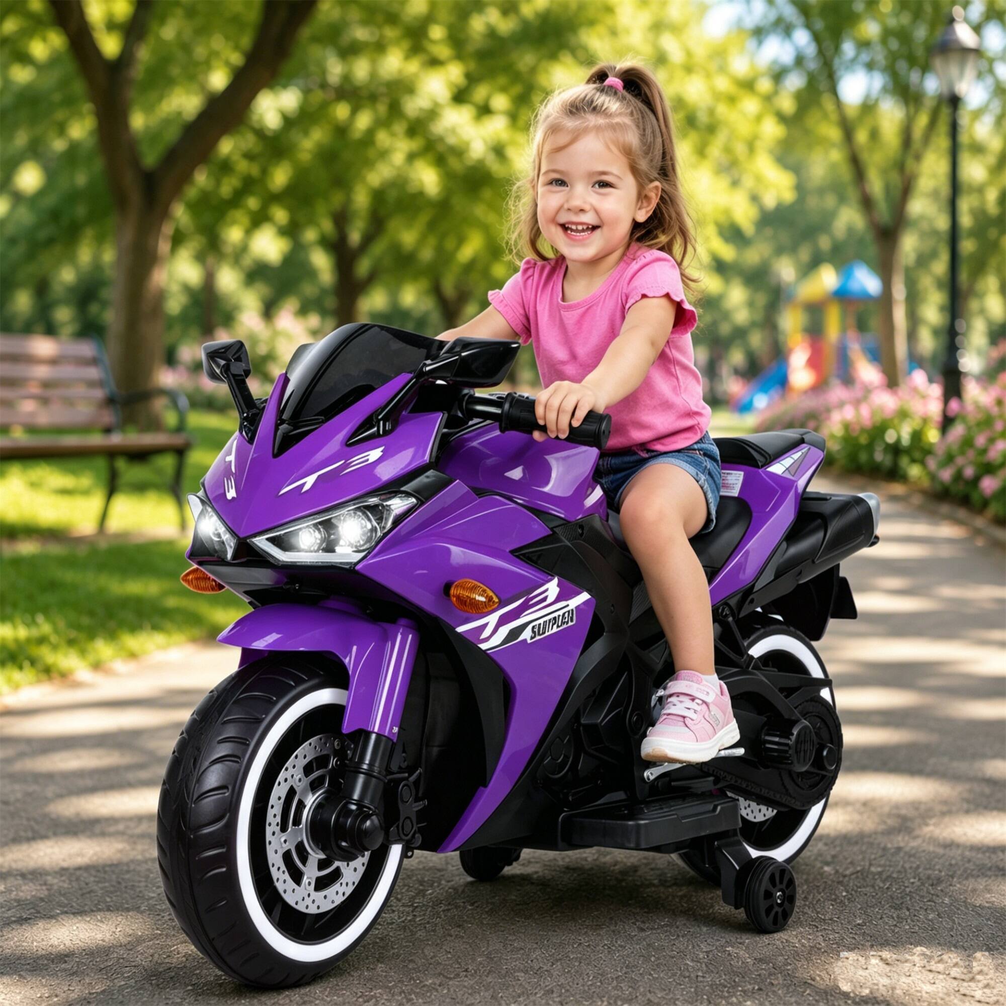 Alt View 2. Boyel Living - 3+ Kids 12V Purple Electric Motorcycle with Training Wheels Real Manual Throttle and Foot Brake For Gift - Purple.