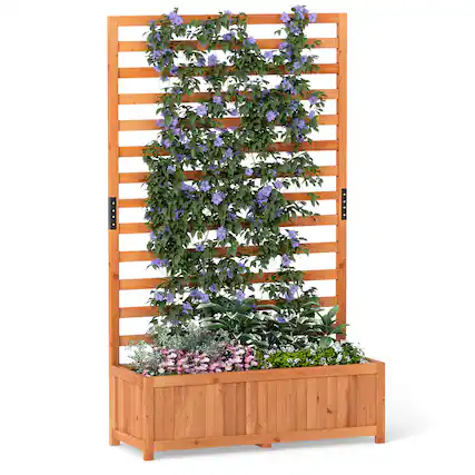 Front. Gymax - Gymax Wooden Raised Garden Bed w/ Vertical Trellis Liner Drainage - Orange.