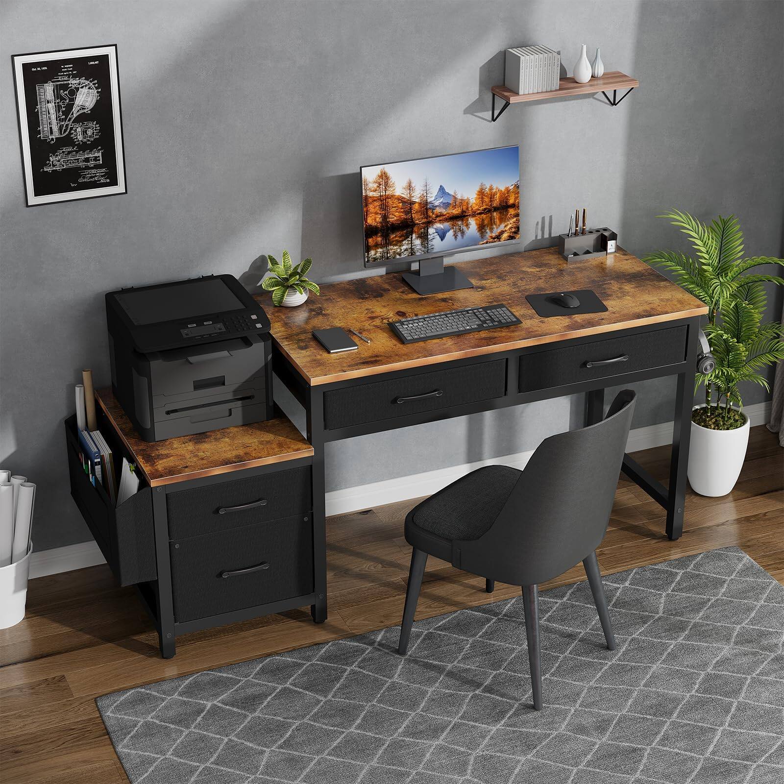 Alt View 2. Fabibe - Computer Desk With Fabric File Drawers Cabinet 57 Inch Home Office Desks Filing Printer Stand For Small Space Office Des - Brown Black 57.1".