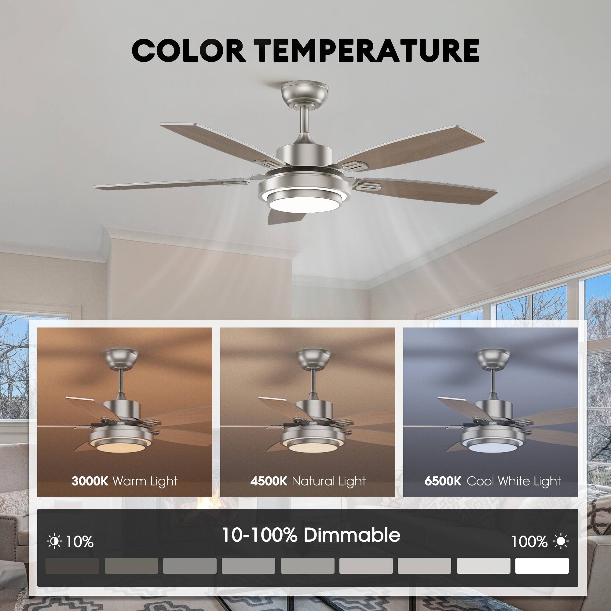COLOR TEMPERATURE

3000K Warm Light  
4500K Natural Light  
6500K Cool White Light  

10-100% Dimmable