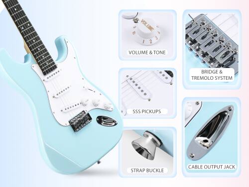 VOLUME & TONE  
BRIDGE & TREMOLO SYSTEM  
SSS PICKUPS  
STRAP BUCKLE  
CABLE OUTPUT JACK