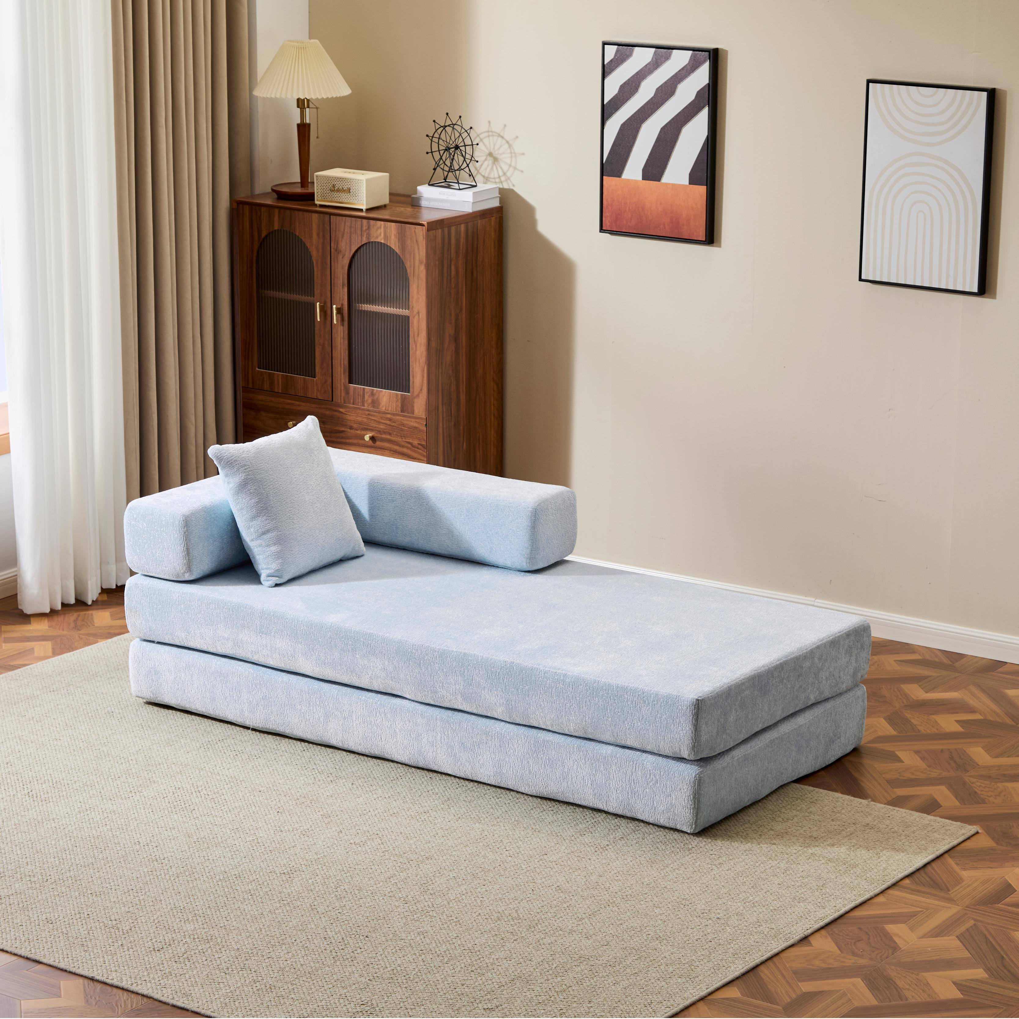 Alt View 7. Anysun - Chenille Convertible Floor Sofa Bed with Pillow Support & Armrest - Compression Couch Sleeper for Living Room & Bedroom - Blue.