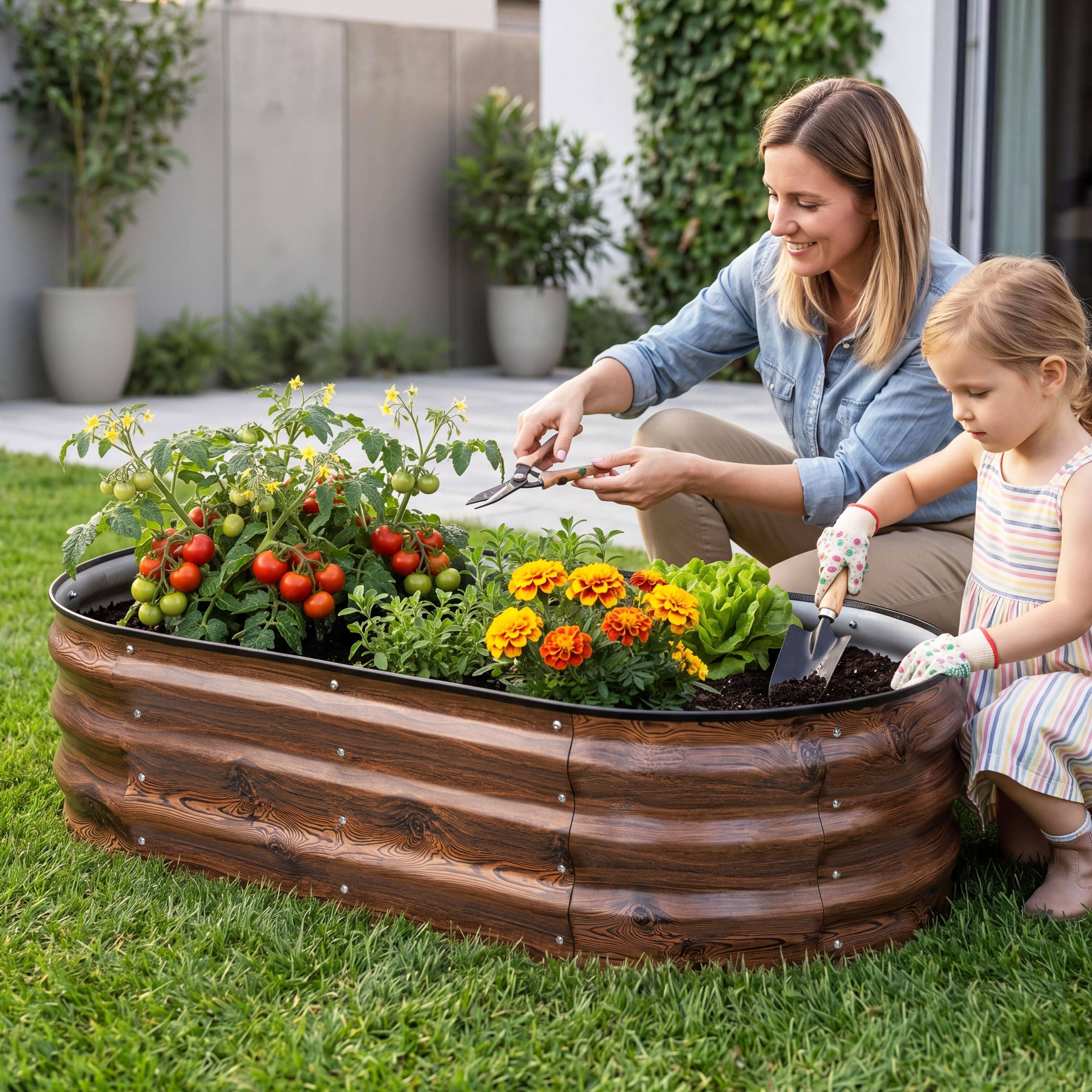 Back. Nuu Garden - Galvanized 4x2x1ft Planter Garden Box Outdoor, Oval Raised Garden Bed - Brown (1 PC).