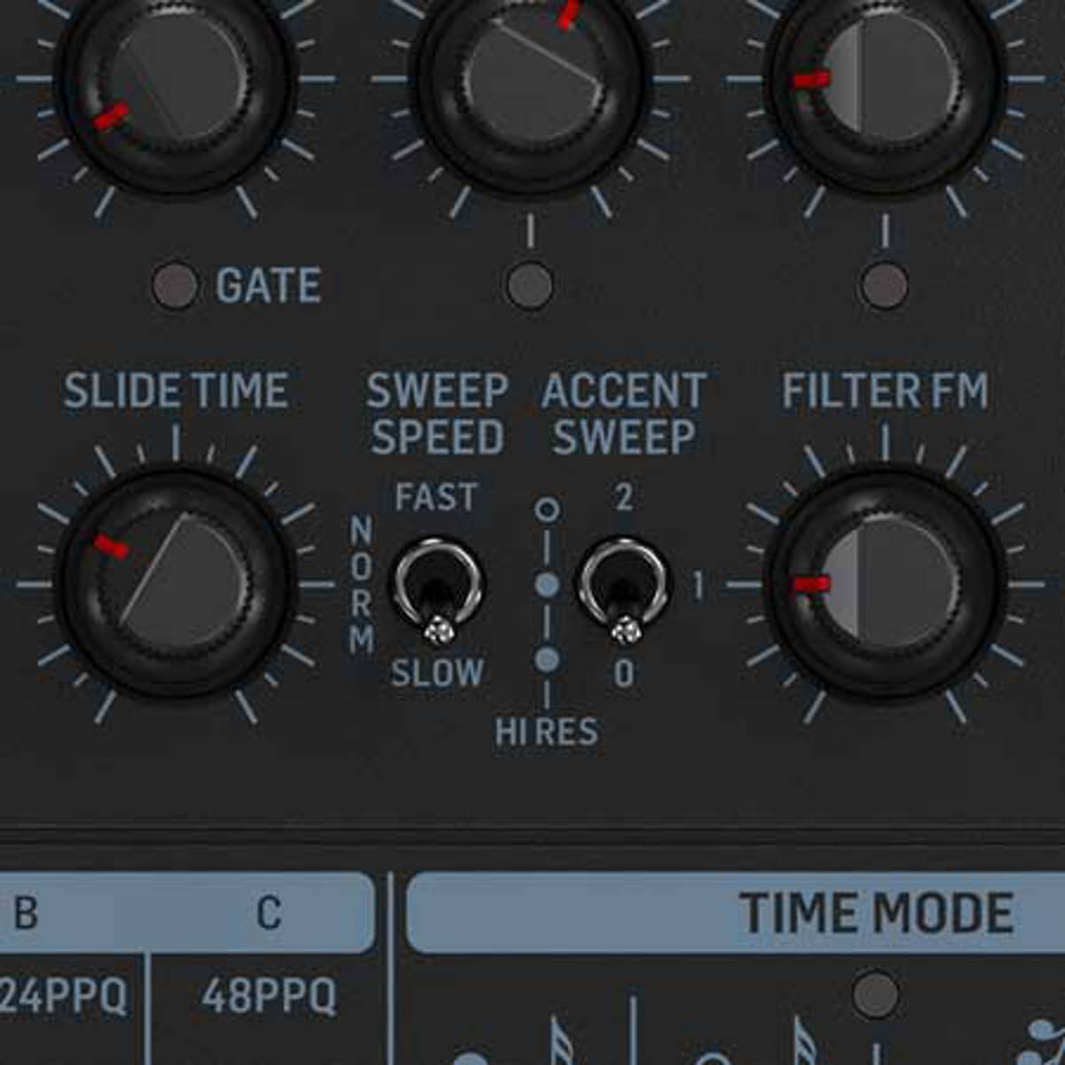 GATE SLIDE TIME SWEEP ACCENT FILTER FM SPEED SWEEP FAST NORM SLOW HI RES B C 24PPQ 48PPQ TIME MODE