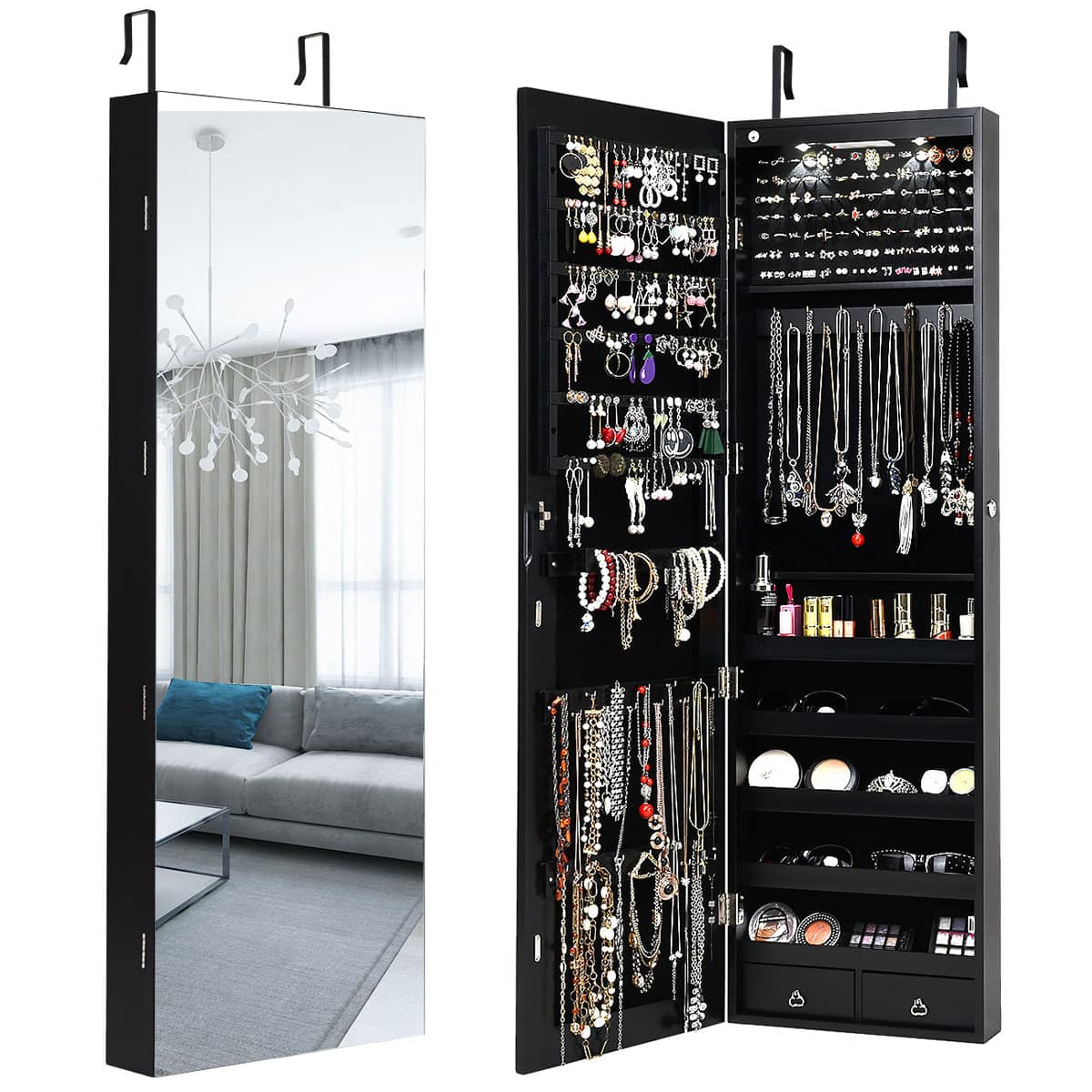 Front. Costway - Mirrored Jewelry Cabinet Jewelry Organizer w/2 LED Lights Black - Black.