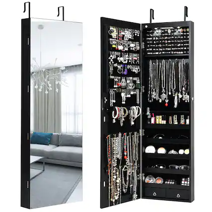 Front. Costway - Mirrored Jewelry Cabinet Jewelry Organizer w/2 LED Lights Black - Black.