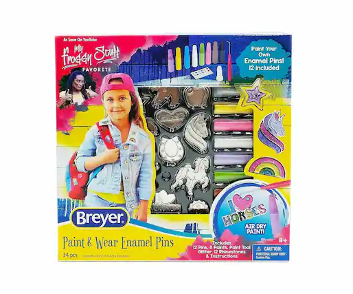 As Seen On YouTube
MY FAVORITE
Paint Your Own Enamel Pins!
12 included
Breyer
Paint & Wear Enamel Pins
34 pcs
Conforms to ASTM D-4256 Standards
HORSES
AIR DRY PAINT!
Includes
12 Pins, 8 Paints, Paint Tool, Glitter, 12 Rhinestones & Instructions
CAUTION:
FUNCTIONAL SHARP POINT
Contains Paint
8+