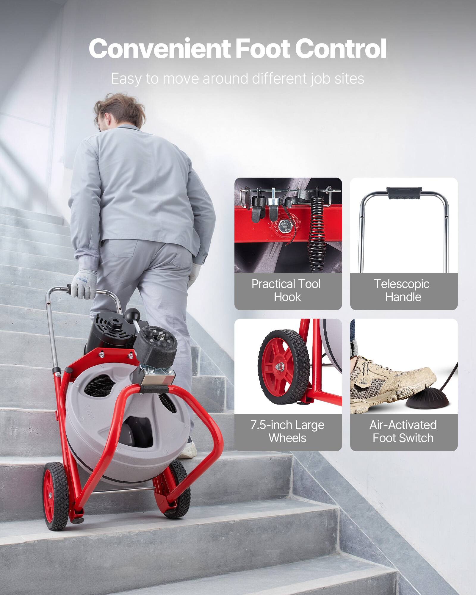 Convenient Foot Control  
Easy to move around different job sites  

- Practical Tool Hook  
- Telescopic Handle  
- 7.5-inch Large Wheels  
- Air-Activated Foot Switch