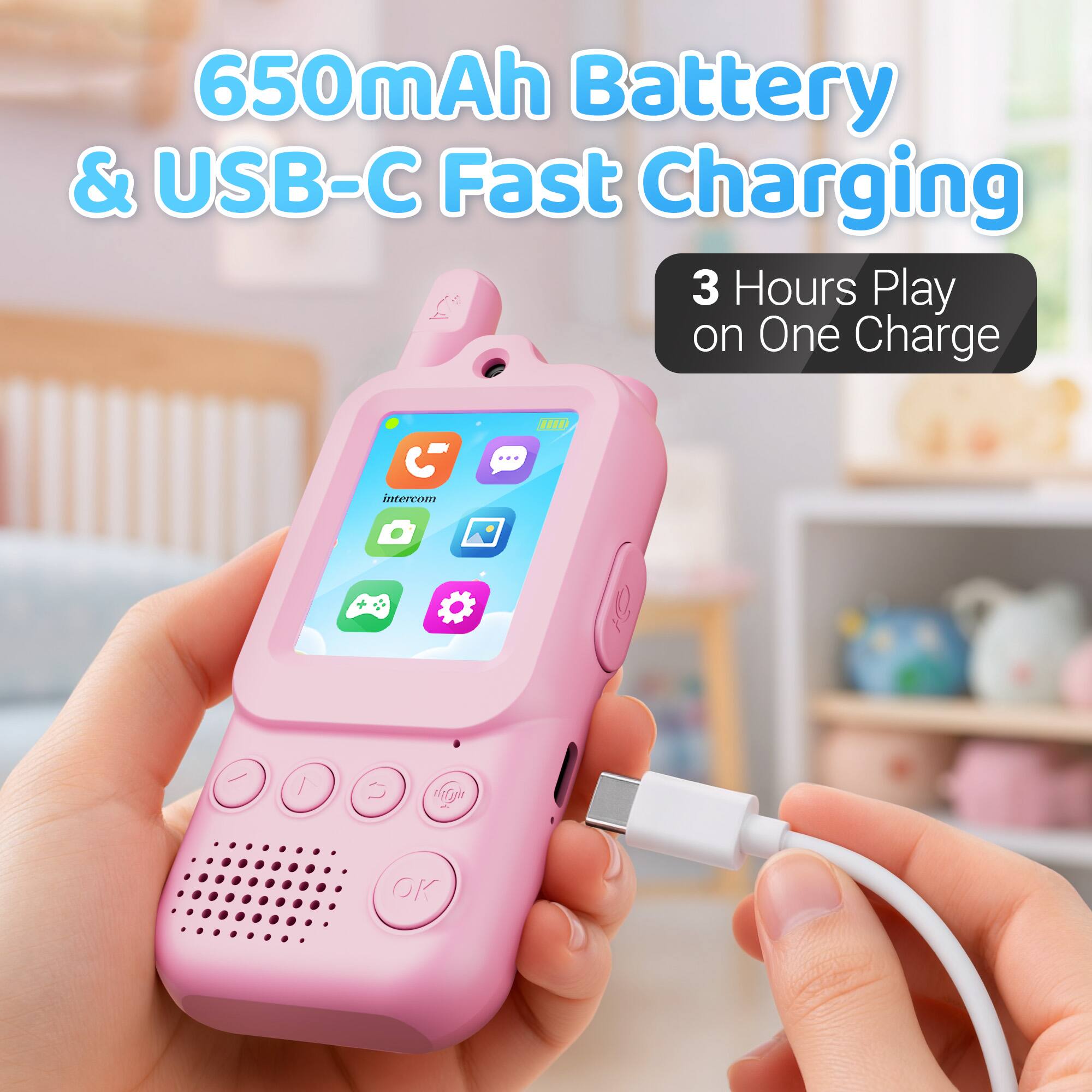 650mAh Battery & USB-C Fast Charging  
3 Hours Play on One Charge