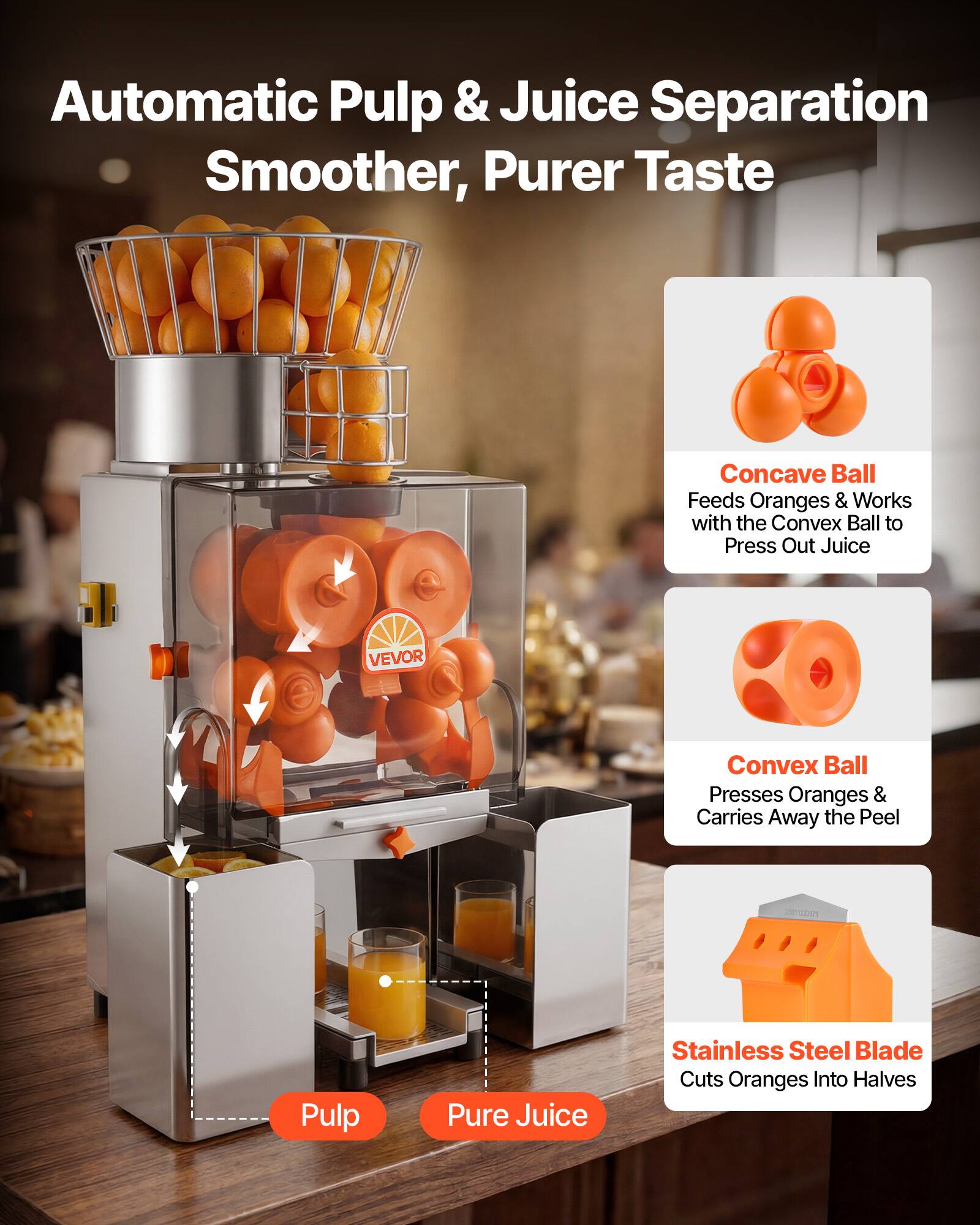 Automatic Pulp & Juice Separation  
Smoother, Purer Taste  

Concave Ball  
Feeds Oranges & Works with the Convex Ball to Press Out Juice  

Convex Ball  
Presses Oranges & Carries Away the Peel  

Stainless Steel Blade  
Cuts Oranges Into Halves