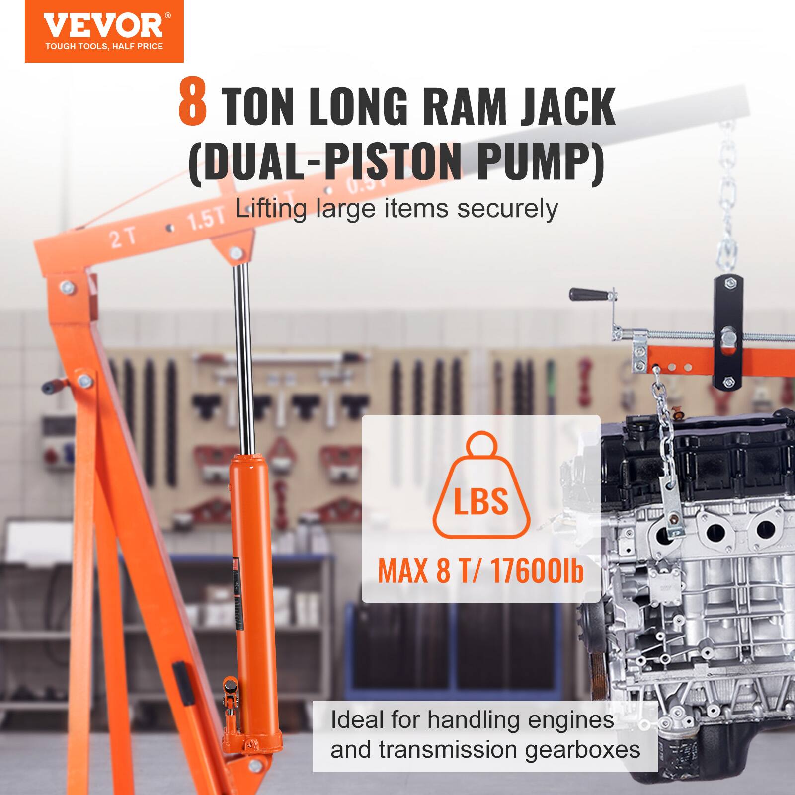 VEVOR TOUGH TOOLS, HALF PRICE

8 TON LONG RAM JACK (DUAL-PISTON PUMP)

Lifting large items securely

MAX 8 T / 17600lb

Ideal for handling engines and transmission gearboxes