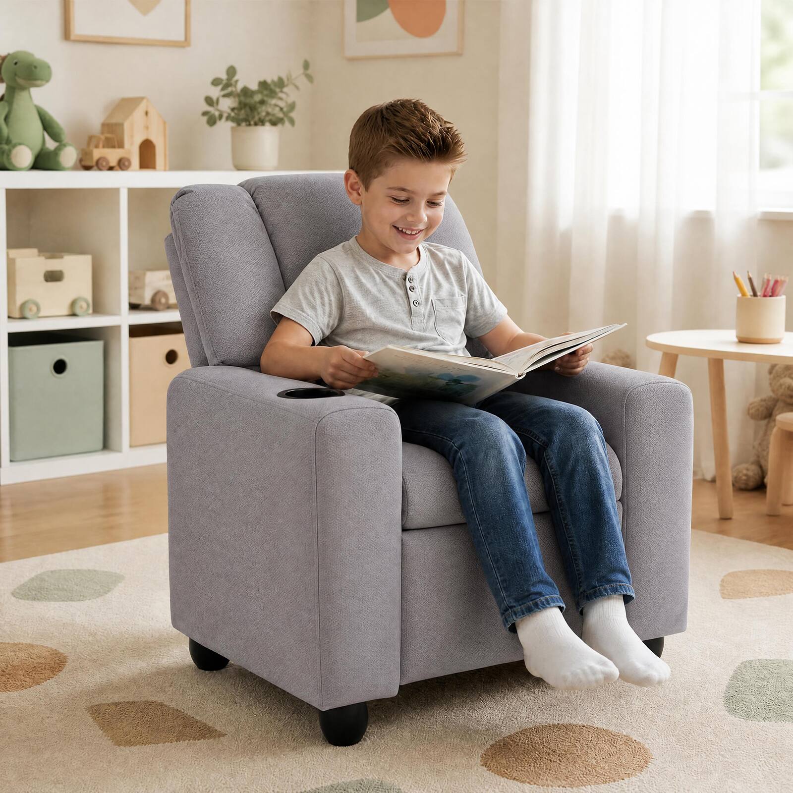 Alt View 3. Costway - Costway Kids Recliner with Cup Holder with Adjustable Backrest & Footrest for Boys & Girls - Gray.