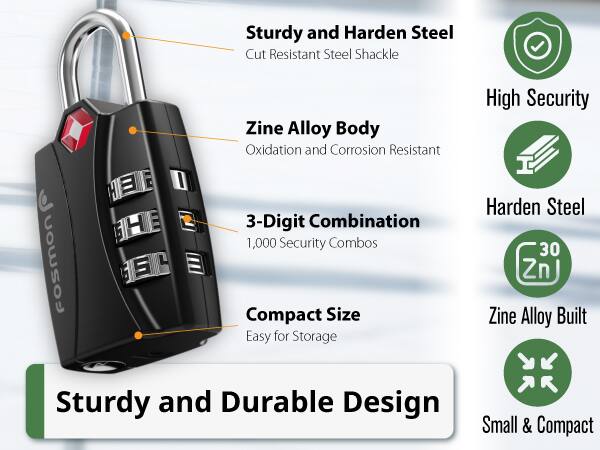 Sturdy and Harden Steel Cut Resistant Steel Shackle
Zine Alloy Body Oxidation and Corrosion Resistant
3-Digit Combination 1,000 Security Combos
Compact Size Easy for Storage
High Security Harden Steel 30 Zn Zine Alloy Built
Sturdy and Durable Design Small & Compact