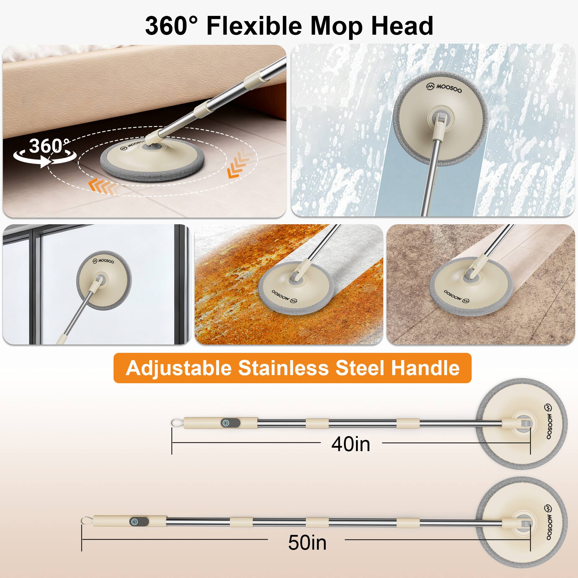 360° Flexible Mop Head

Adjustable Stainless Steel Handle

40in

50in