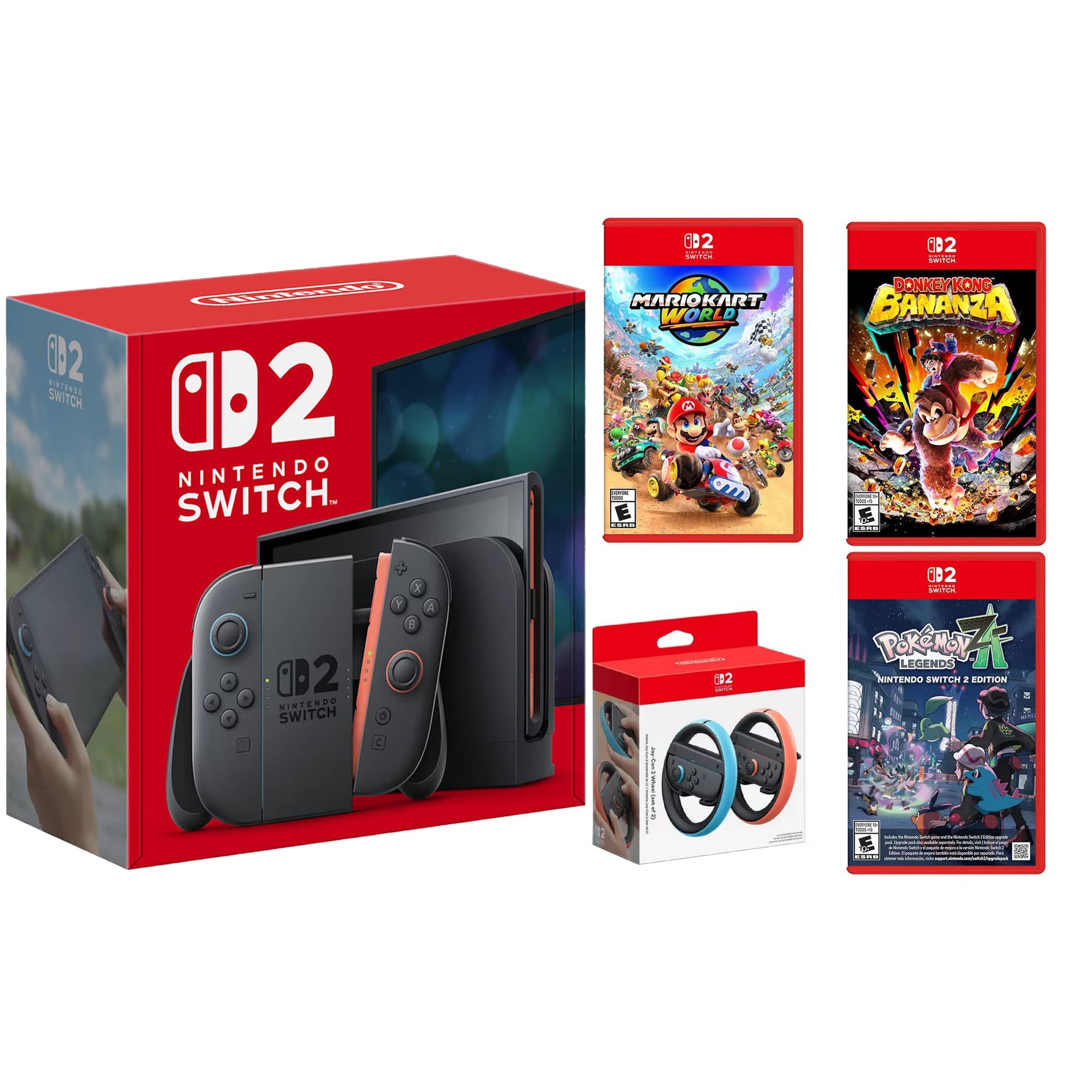 Switch 2 Console with Pokemon Legends Z-A, Mario Kart World, Donkey Kong Bananza and Joy Con 2 Wheel Bundle - Nintendo Switch 2