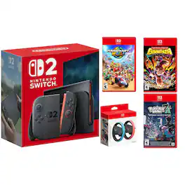 Switch 2 Console with Pokemon Legends Z-A, Mario Kart World, Donkey Kong Bananza and Joy Con 2 Wheel Bundle - Nintendo Switch 2