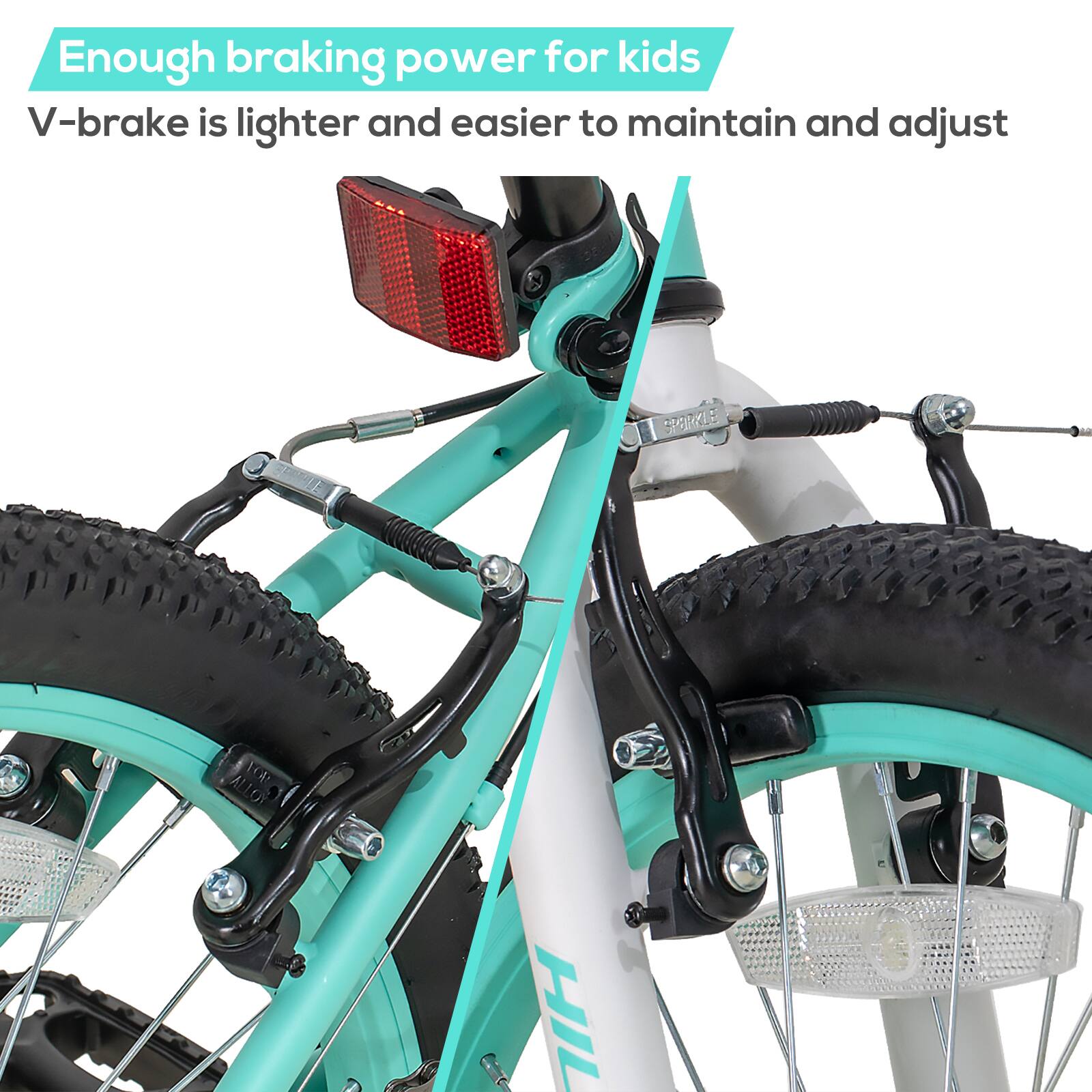 Enough braking power for kids  
V-brake is lighter and easier to maintain and adjust
