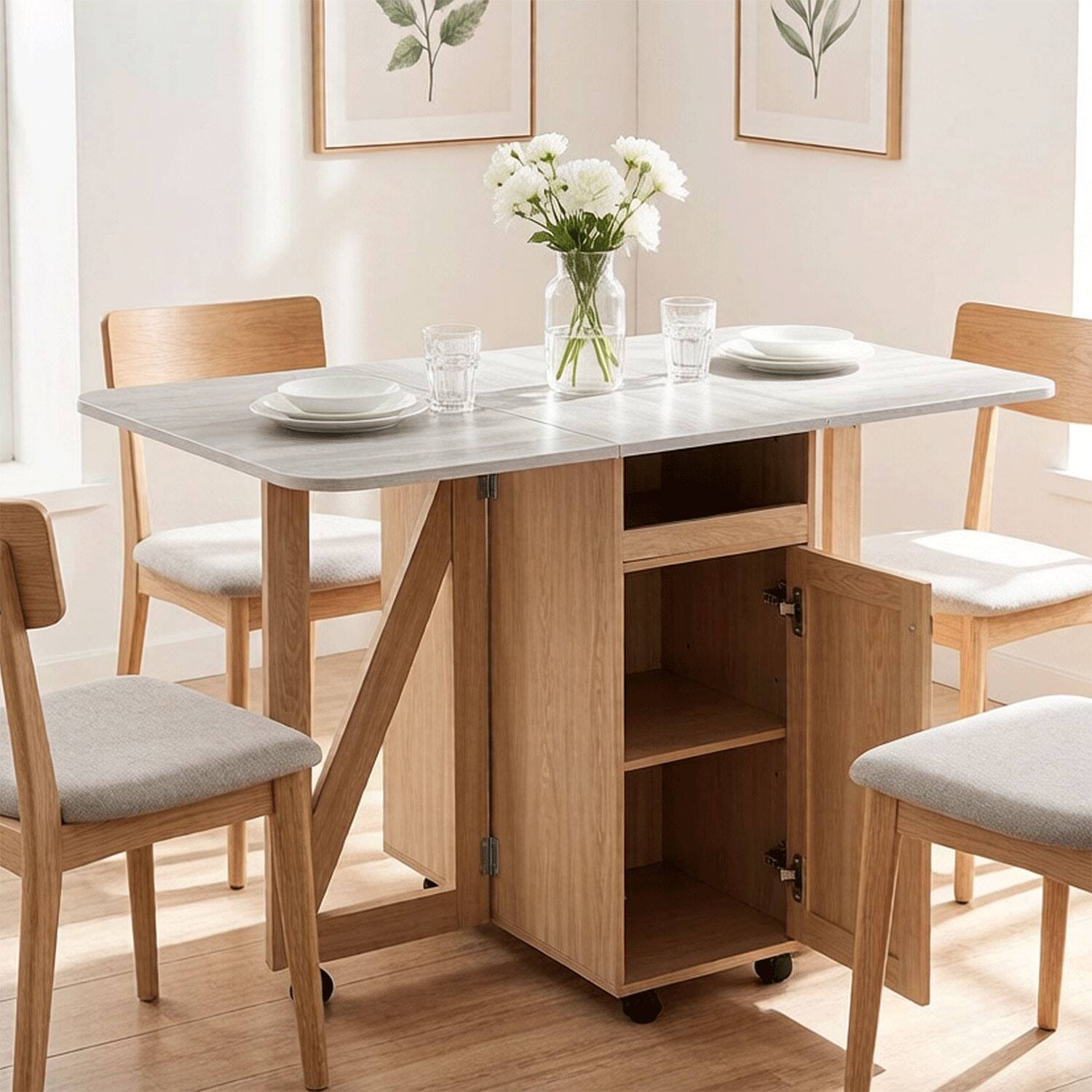 Angle. Z-Edge - Folding Dining Table with Storage, Folding Kitchen Table with 6 Wheels, Shelves, Compact Dining Table for Small Spaces - Light Oak.