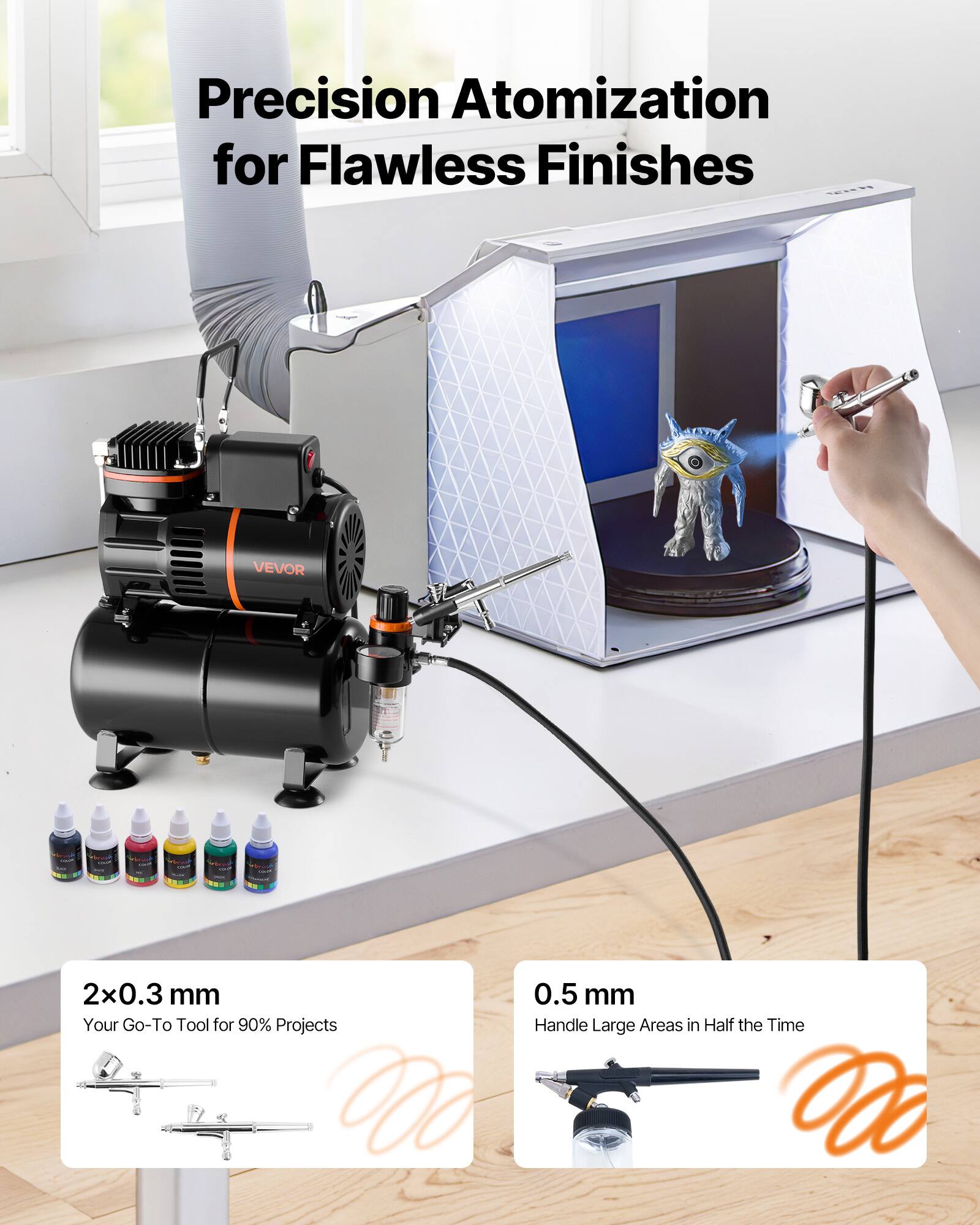 Precision Atomization for Flawless Finishes

VEVOR

2x0.3 mm  
Your Go-To Tool for 90% Projects

0.5 mm  
Handle Large Areas in Half the Time