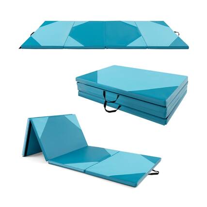 Front. Pefilos - 10' x 4' x 2" Folding Exercise Mat with Hook and Loop Fasteners-Blue, Folding Thick Exercise with Carrying Handles - Blue.