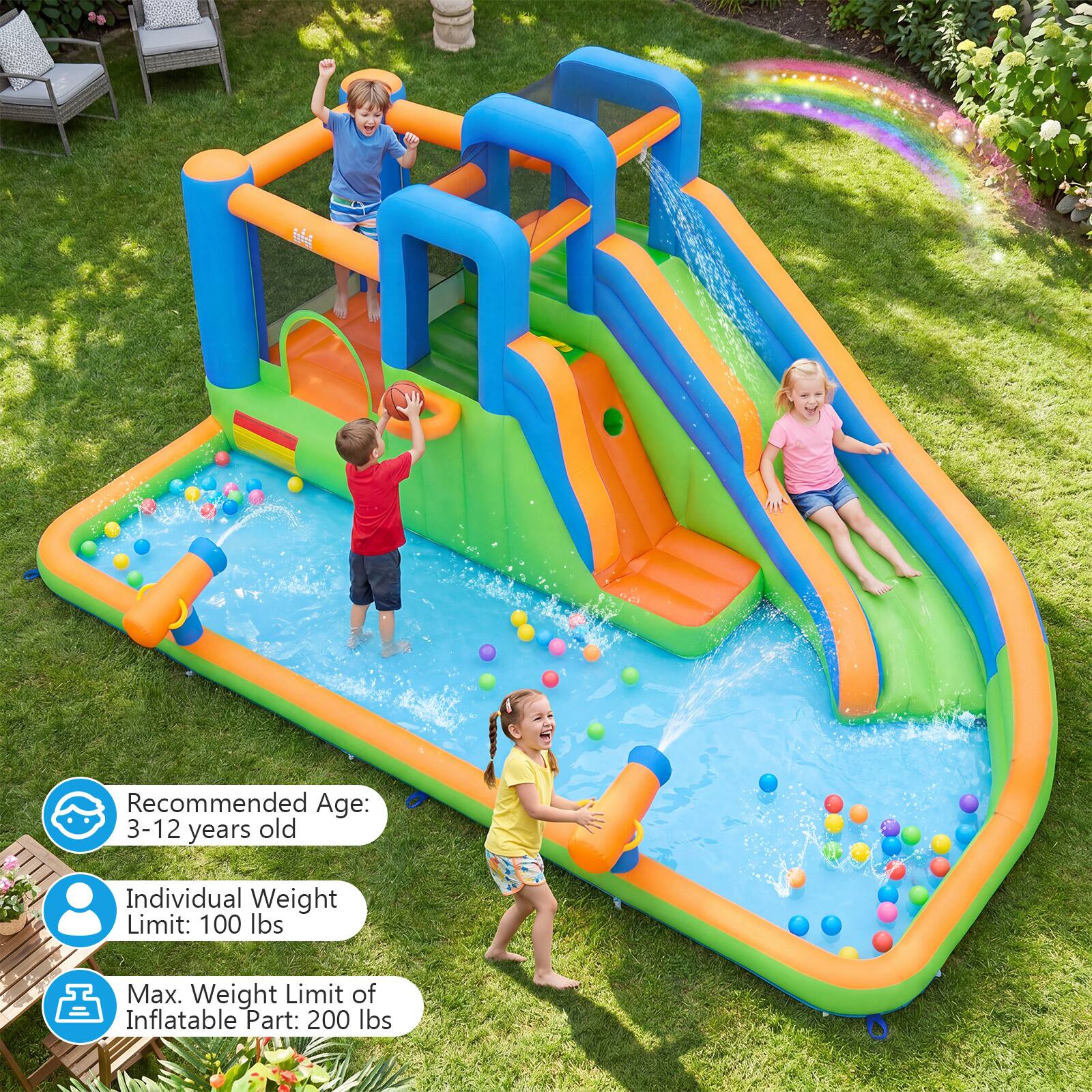 Recommended Age: 3-12 years old  
Individual Weight Limit: 100 lbs  
Max. Weight Limit of Inflatable Part: 200 lbs