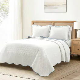 Hivvago - Full/Queen Scalloped Edge Reversible Thin Light Quilt Set - White Blue