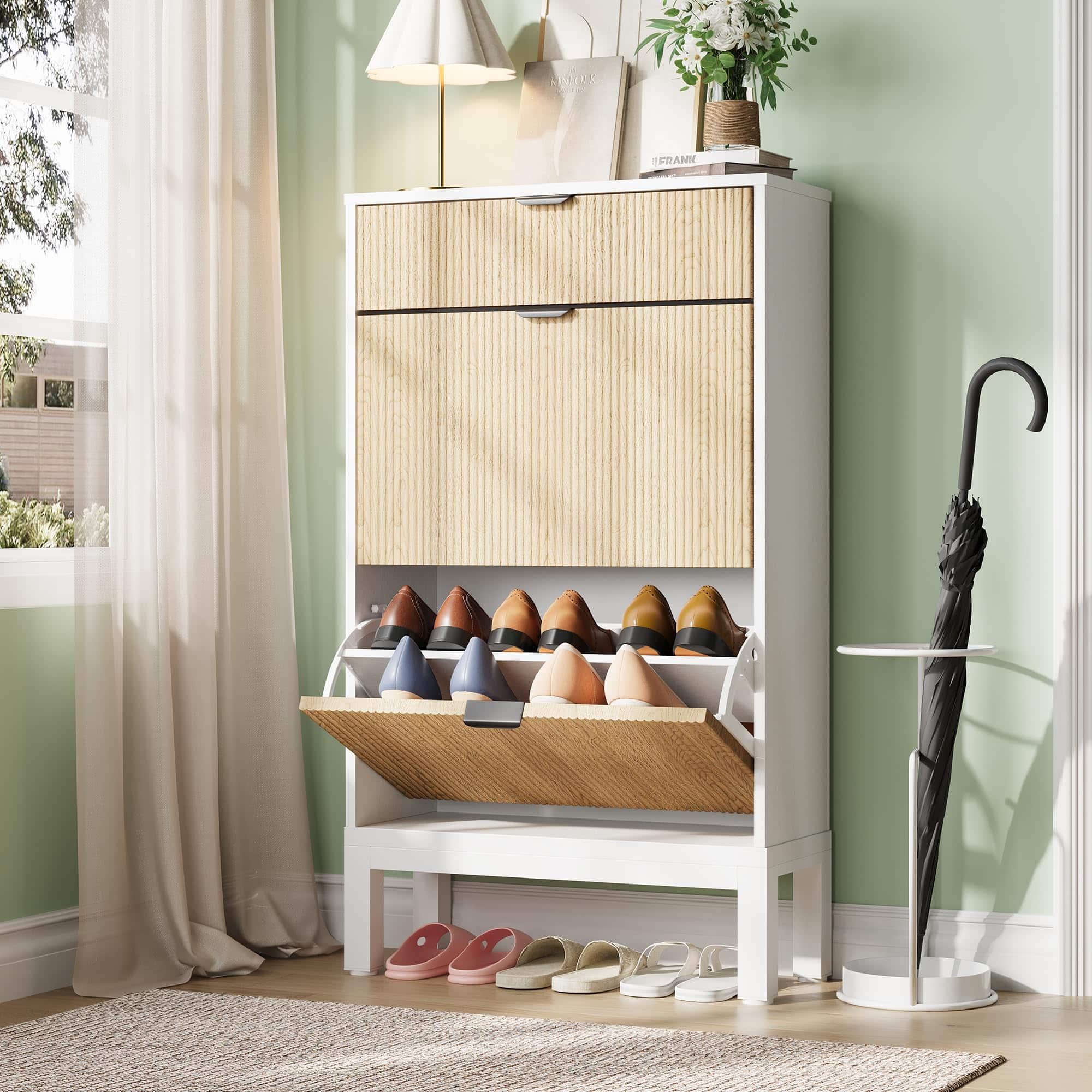 Babevy - Fluted Shoe Cabinet with 2 Flip Doors & Drawer, Slim Hidden Shoe Storage with Iron Legs for Entryway - White & oak