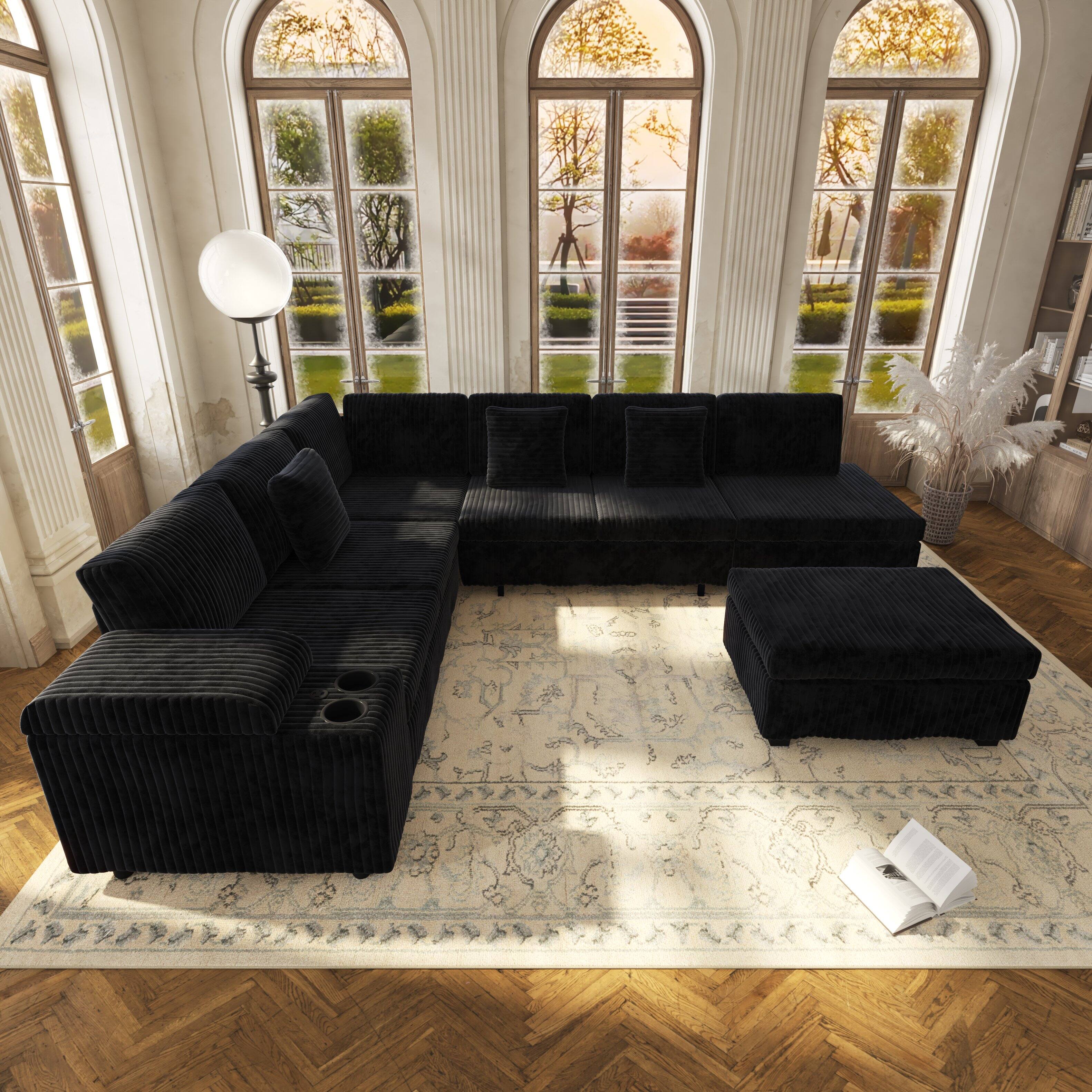 Angle. Anysun - 110.2" L-Shaped Convertible Corduroy Sectional Sofa Set with Removable Ottoman, Hidden Storage, USB Ports & Cup Holders - Black.