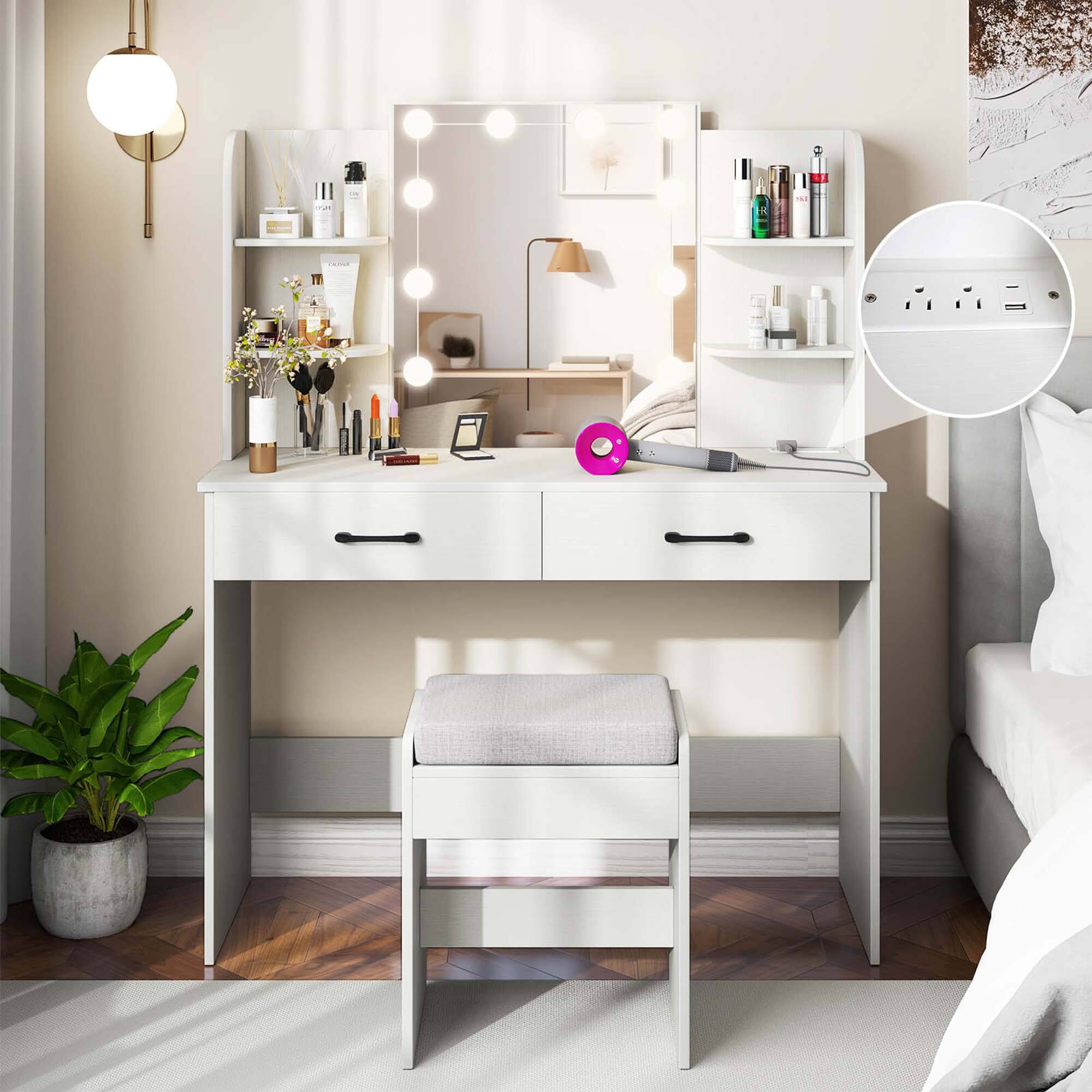 Alt View 4. Costway - Costway Makeup Vanity Desk with Lighted Mirror Charging Station 3-Color Dimmable LED Lights White - White.