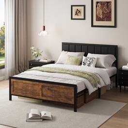 Dyonery - Full Size Bed Frame, Metal Platform Bed Frame with Wooden Headboard with Rivet, Large Under-Bed Storage. - Brown