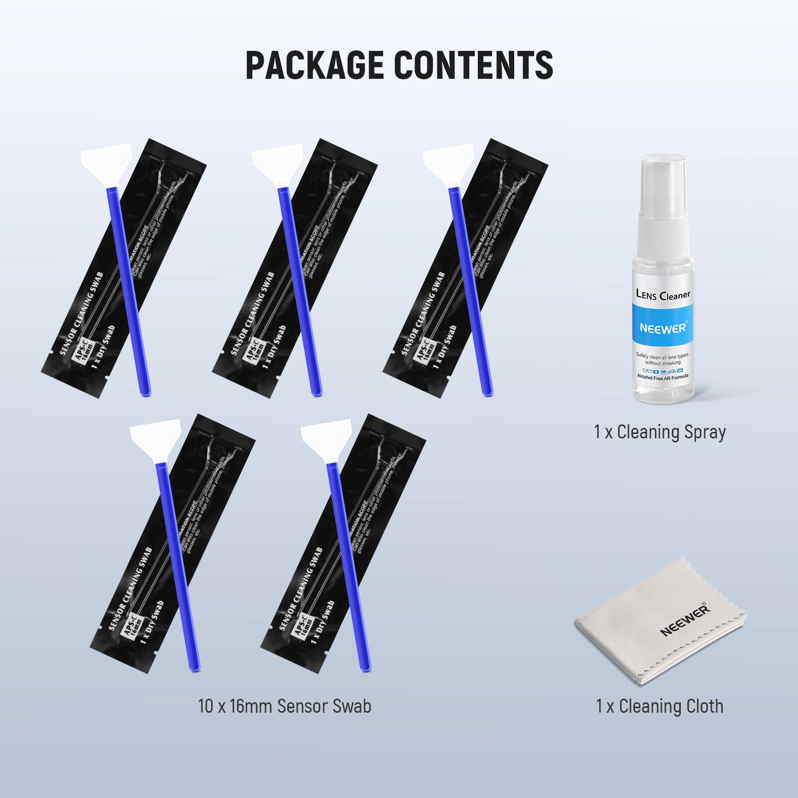 PACKAGE CONTENTS

- 1 x Cleaning Spray
- 10 x 16mm Sensor Swab
- 1 x Cleaning Cloth