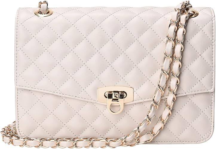 Front. Vulpecula Spade - Quilted Shoulder Bag for Women, Medium Flap Crossbody Handbag with Chain Strap, Soft Vegan Leather Clutch Purse - Beige.