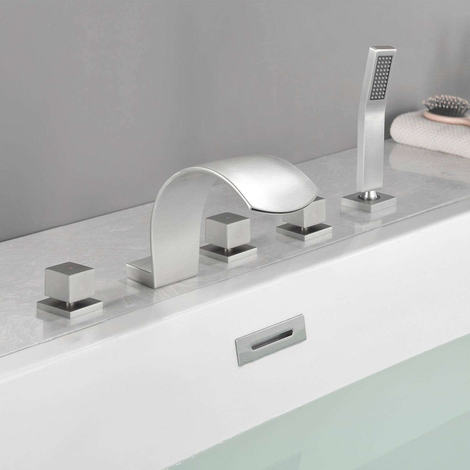 Alt View 1. Boyel Living - Brushed Nickel Cold and Hot Waterfall Flow Handheld Shower Bath Tub Faucet Five Hole Installation Durable Designl - Brushed Nickel.