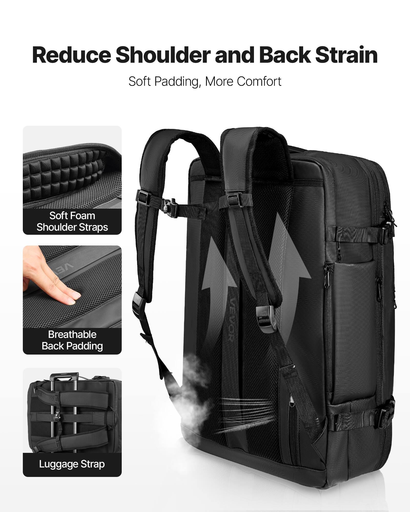 Reduce Shoulder and Back Strain  
Soft Padding, More Comfort  

Soft Foam Shoulder Straps  
Breathable Back Padding  
Luggage Strap