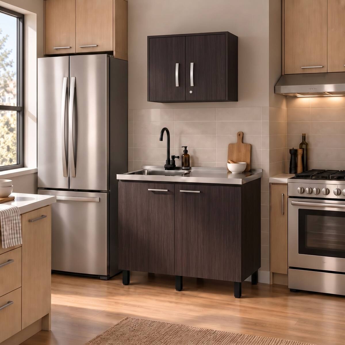 Ropilly Kitchen Cabinet Set with Sink Base and Matching Wall Mounted ...
